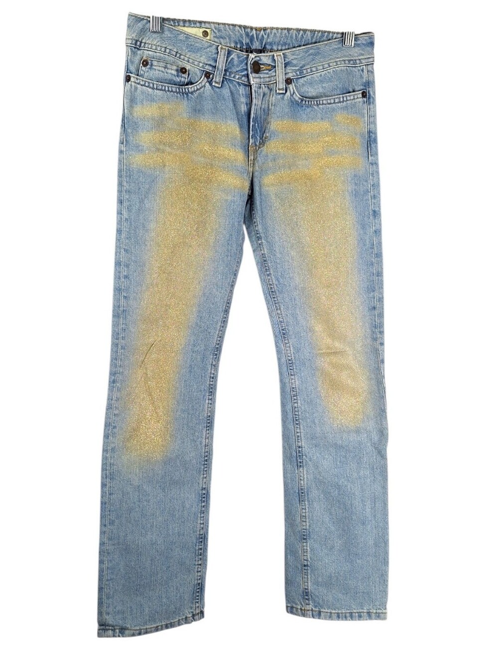 Fornarina Low Rise Jeans Sz XS (28x29.5) Gold Glitter Straight Leg Indie Sleaze